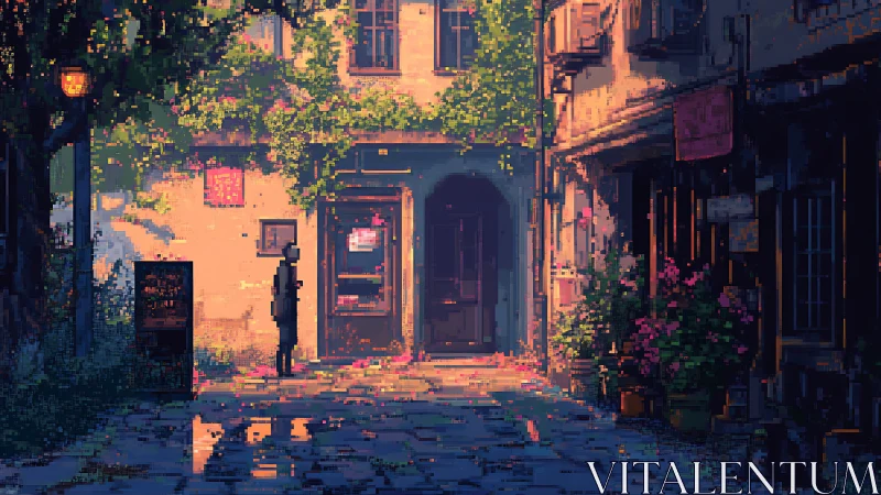 Evening light warms a quiet pixel street of ivy and flowers