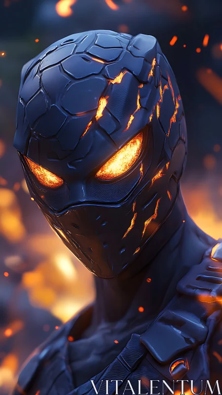 Lava-armored cyber assassin with molten visor highlights rendered.