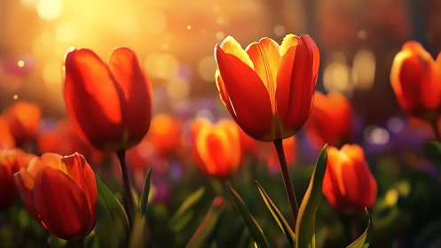 Red Tulips Glowing in Warm Sunset Light with Bokeh