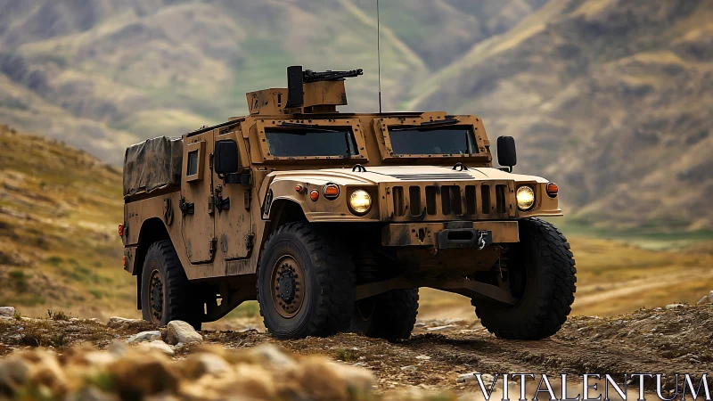 Armored off-road military vehicle traverses rocky mountain terrain