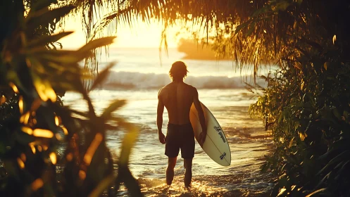 Surfer walking toward sunset waves through tropical path.
