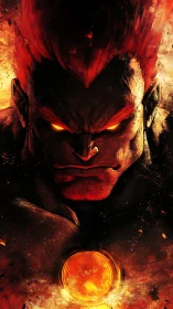 Infernal warrior portrait with blazing core focus.