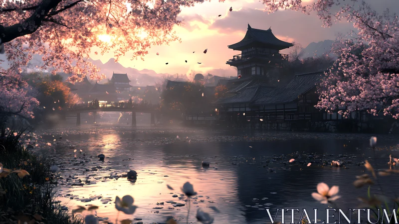 Sakura riverside temple at sunset in cinematic digital rendering.