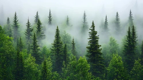 Misty Forest Wilderness. Dense Coniferous Landscape Shrouded in Fog