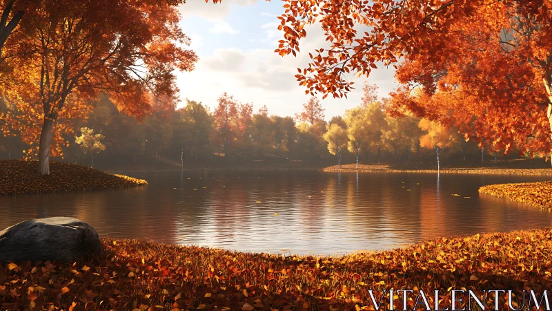 Autumn deciduous trees surrounding calm reflective lake surface.