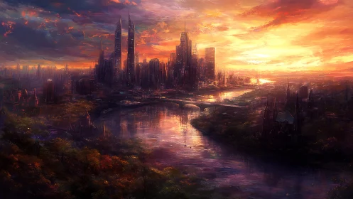 Glowing futuristic river city welcomes the last light of sunset