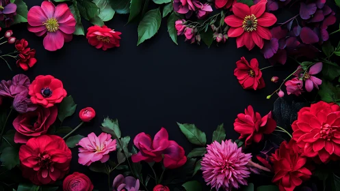 Vibrant Blooms Frame Dark Canvas. Floral arrangement on black.