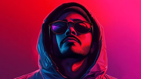Neon hooded portrait under bold magenta blue lighting.