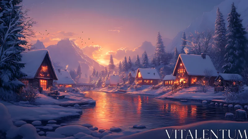 Snow-covered riverside chalets at sunset with warm interior light