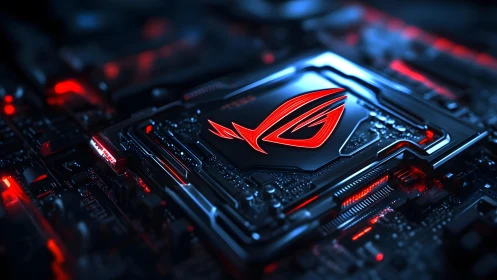 Futuristic Gaming Motherboard Closeup with Neon Red ROG Logo.