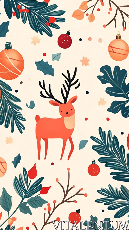 Playful winter deer amid cheerful holiday greenery.