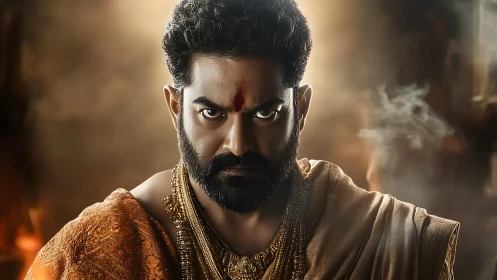 Intense warrior portrait with traditional gold attire.