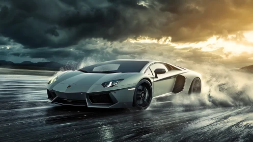 Storm-chasing supercar slices through silver rain and thunder