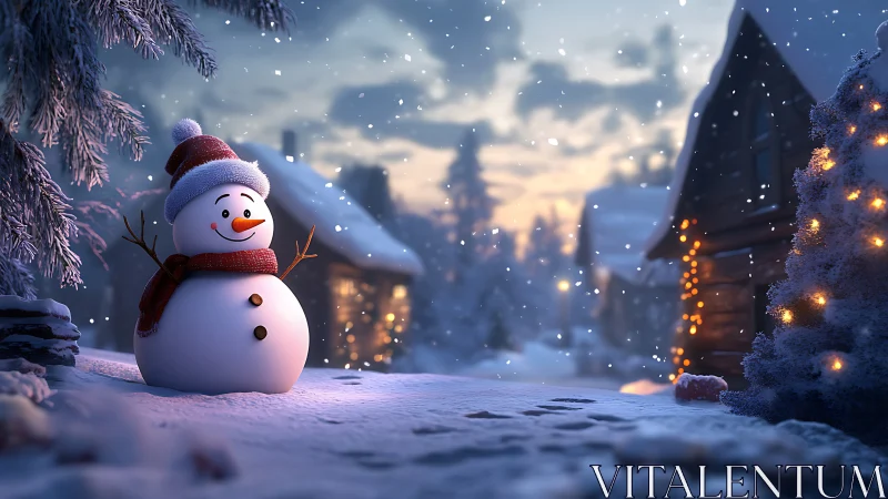 Cheerful snowman greeting a cozy winter cabin evening.