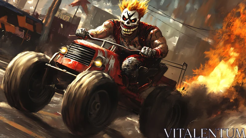 Masked driver steers red off-road buggy through urban fire