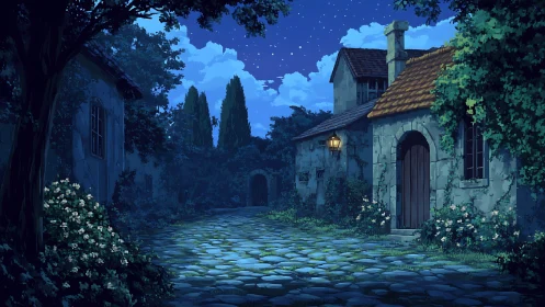 Starlit village lane glowing softly with quiet night charm.