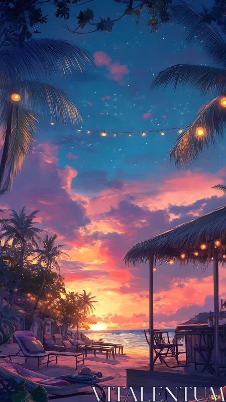 Luminous tropical sunset lounge under stratified cloud canopy.