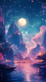 Moonlit river valley with illuminated pagodas and distant peaks