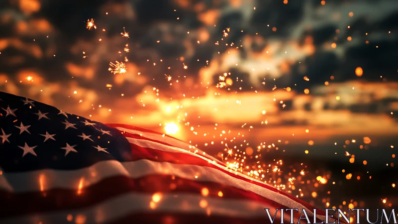 American flag glows against sunset sky and sparkling lights