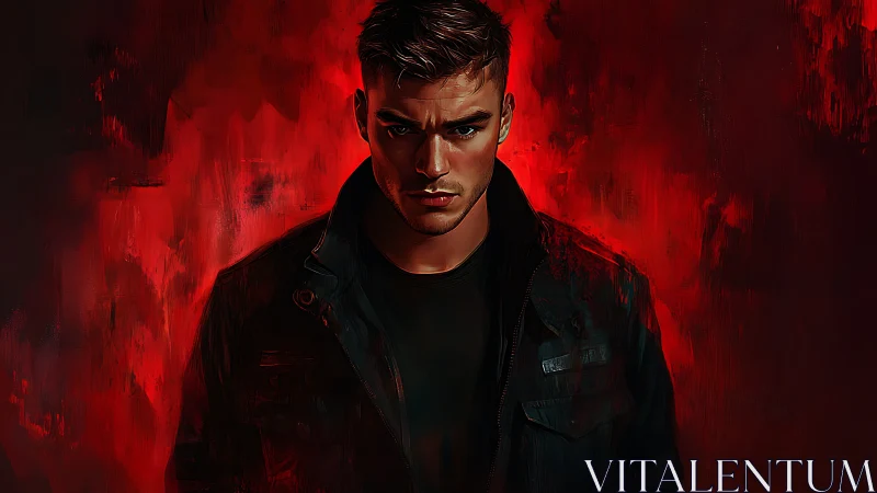Brooding male portrait in red-lit digital noir style.