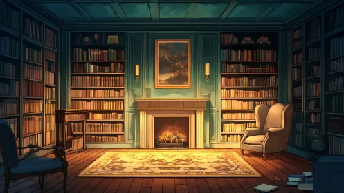 Cozy library hearth where quiet stories softly gather.