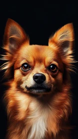 Fiery longhaired Chihuahua portrait on deep black backdrop.
