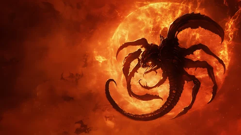 Fiery space beast swirling before a blazing molten sun.