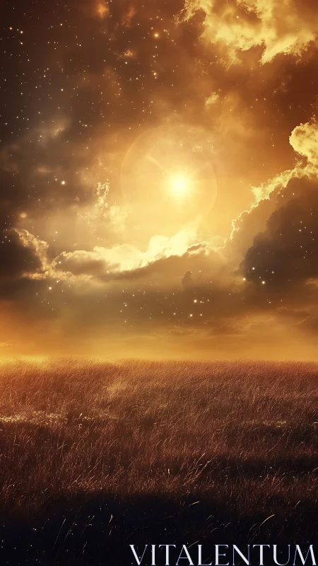 Luminous celestial sunset over windswept grassland with volumetric haze