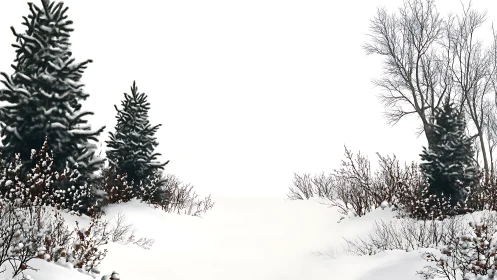 Snow-laden conifers and bare trees frame a high-key winter corridor