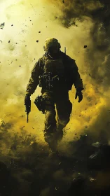 Solitary armed soldier advancing through dense yellow smoke.