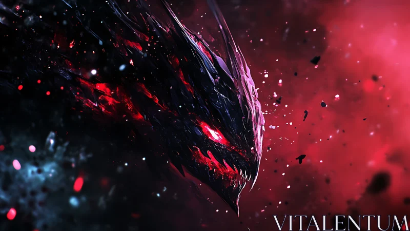 Abstract dark creature head in red cosmic particle field.