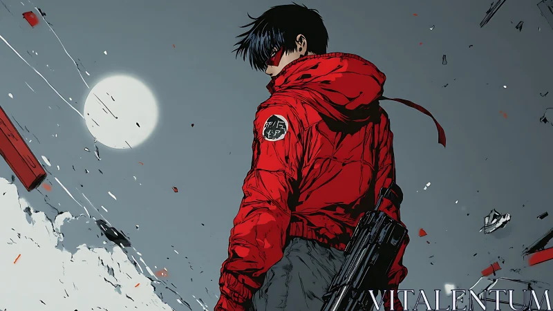 Lone rider in a red jacket meets a quiet, shattered skyline