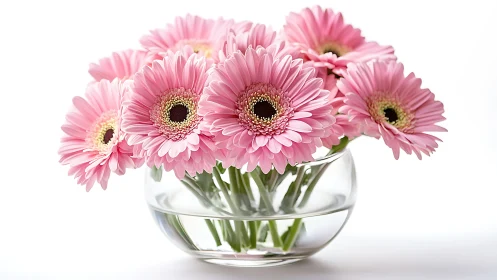 Pink Gerbera Daisies in Hemispherical Glass Vessel.
