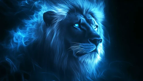 Luminous blue lion gazing boldly into the night sky.