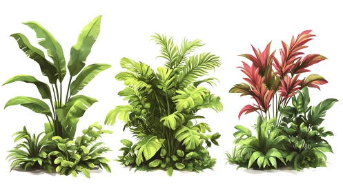 Tropical plant clusters showcase lush foliage variations.
