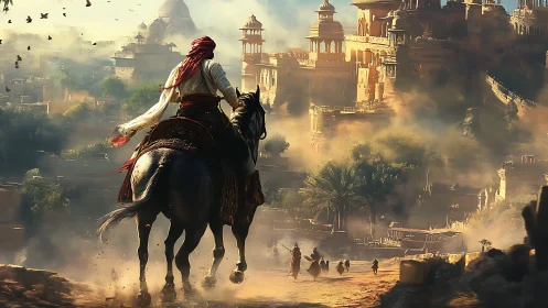 Rider entering ancient desert city through dust and light.