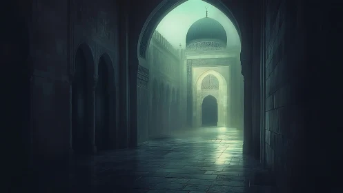 Misty mosque corridor glowing with soft emerald light.