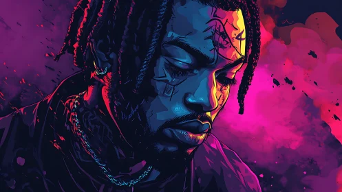 Neon-lit portrait of a brooding soul in electric dusk glow.