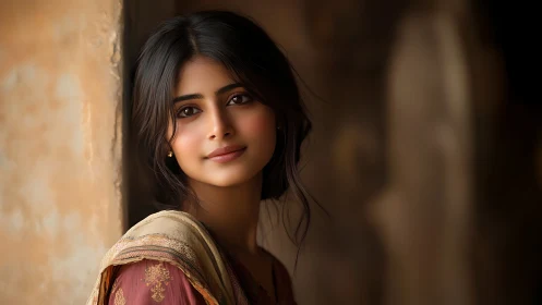 Portrait of a young woman in traditional attire, soft natural lighting.
