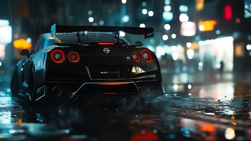 Rain-soaked Nissan GT-R rear view in neon-lit night street scene