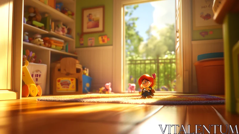 Toy-scale cowboy figure in sunlit nursery volumetric lighting.