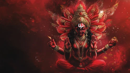 Seated red multi-armed deity figure centered against diffuse red field