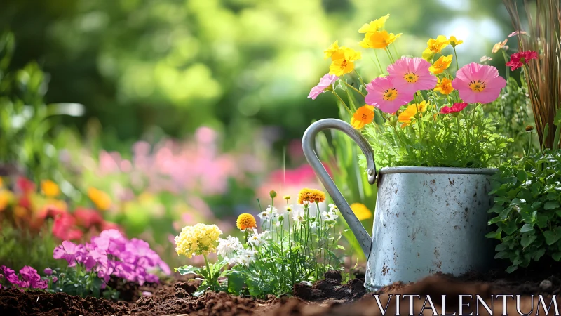 Colorful garden flowers growing in rustic metal watering can.