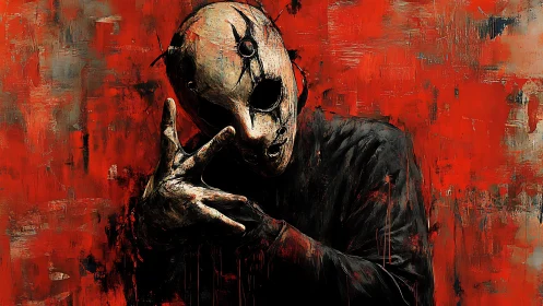 Grotesque masked figure on distressed crimson abstract field.