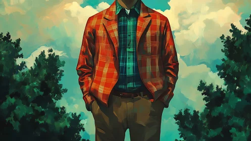 Man in plaid jacket standing outdoors amid trees and sky.