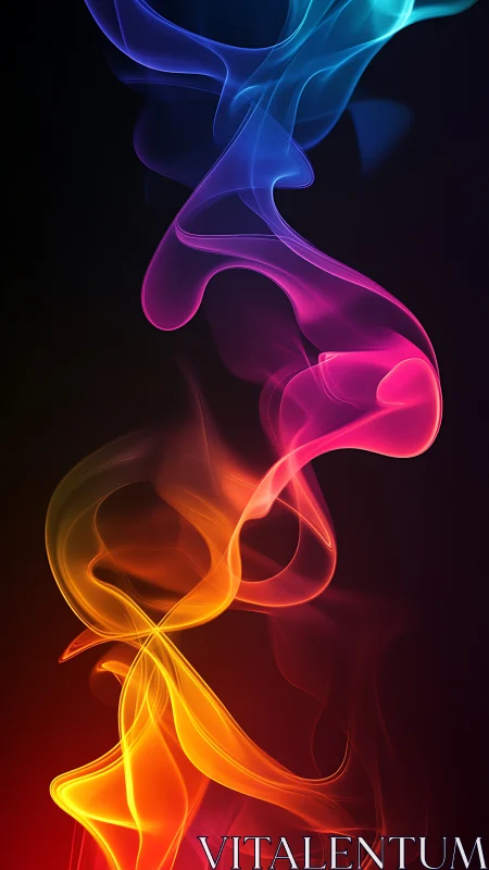 Luminous multicolor smoke ribbons twist on deep black