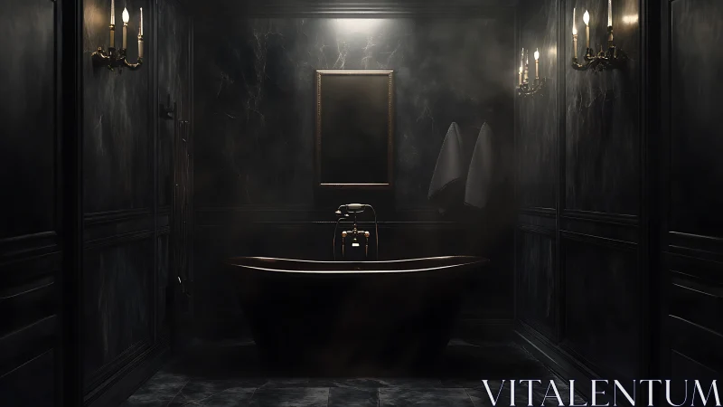 Dark marble bathroom centers freestanding tub under dim light