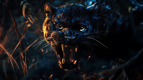 Black Panther Portrait with Golden Luminescence and Dramatic Shadow Contrast