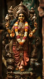 Gilded Hindu goddess idol draped in marigold prayer garlands.