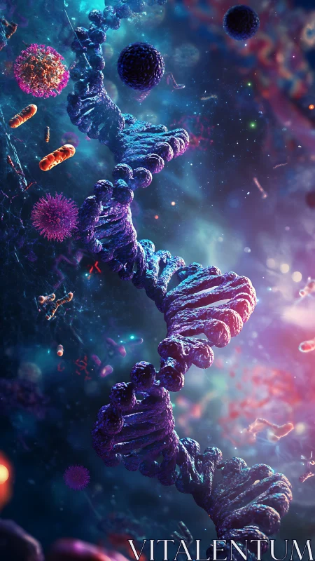 Galactic Helix: Neon DNA Dancing Through Microbial Starlight.